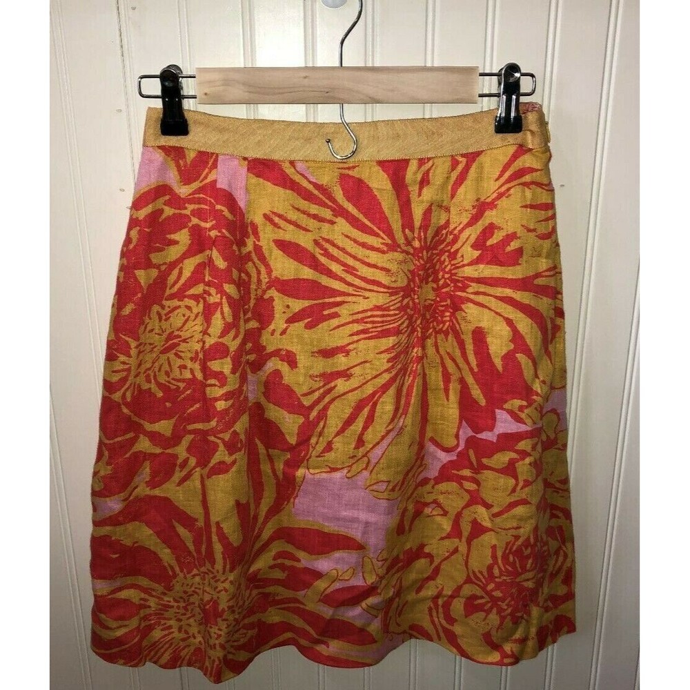 Anthropologie Edme & Esyllte Skirt Linen Floral 2 Orange Pink